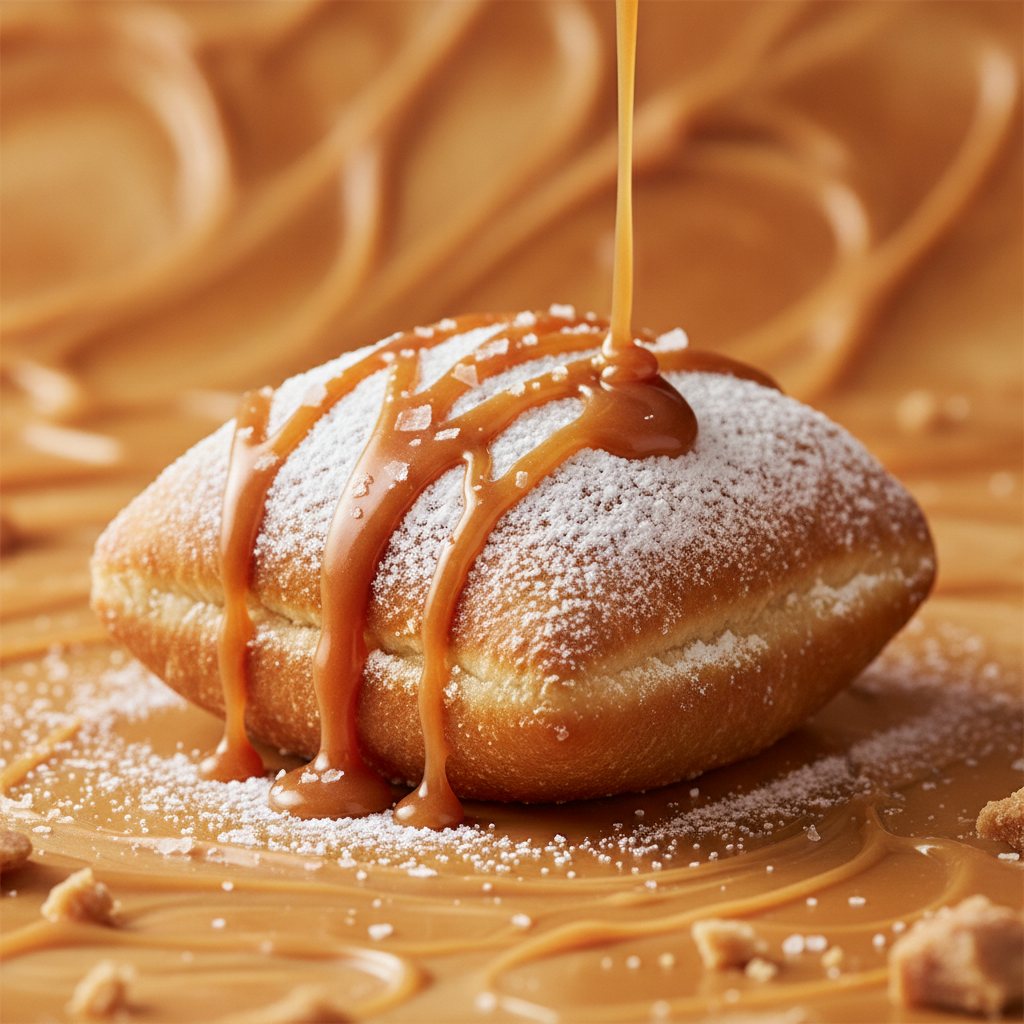 A powdered-sugar beignet with salted caramel drizzle