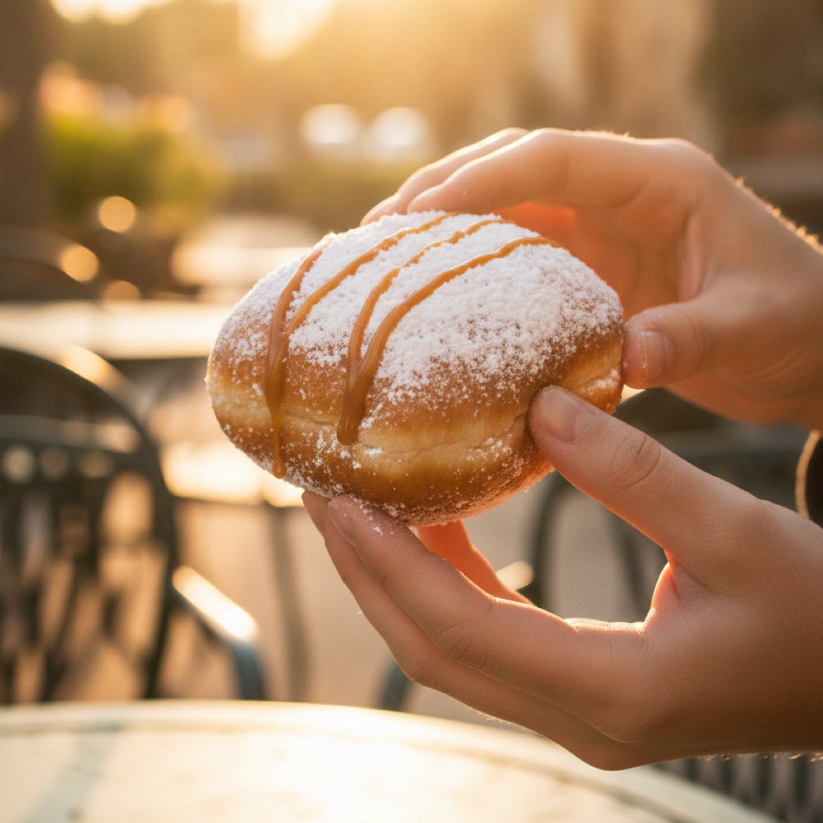 Hands holding a powdered-sugar beignet at golden hour
