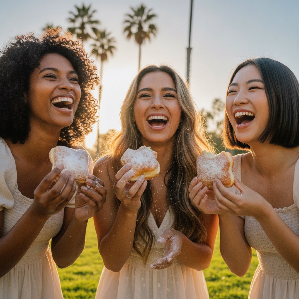 Three friends laughing with beignets in a sunny park