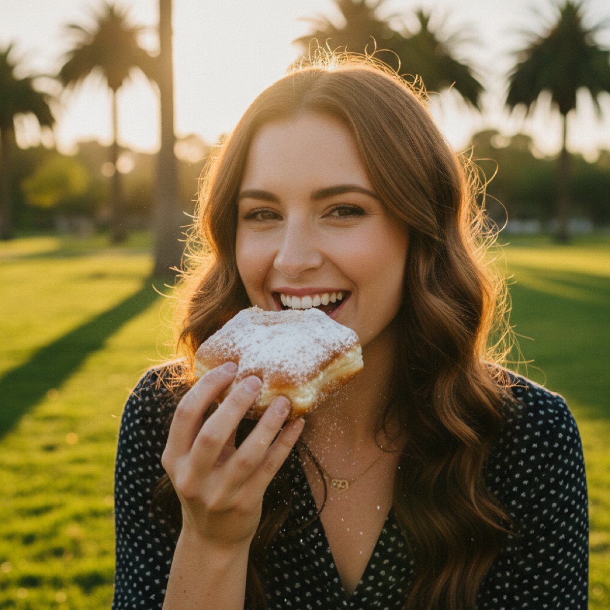 A guest biting into a fresh beignet in a sunlit SoCal park