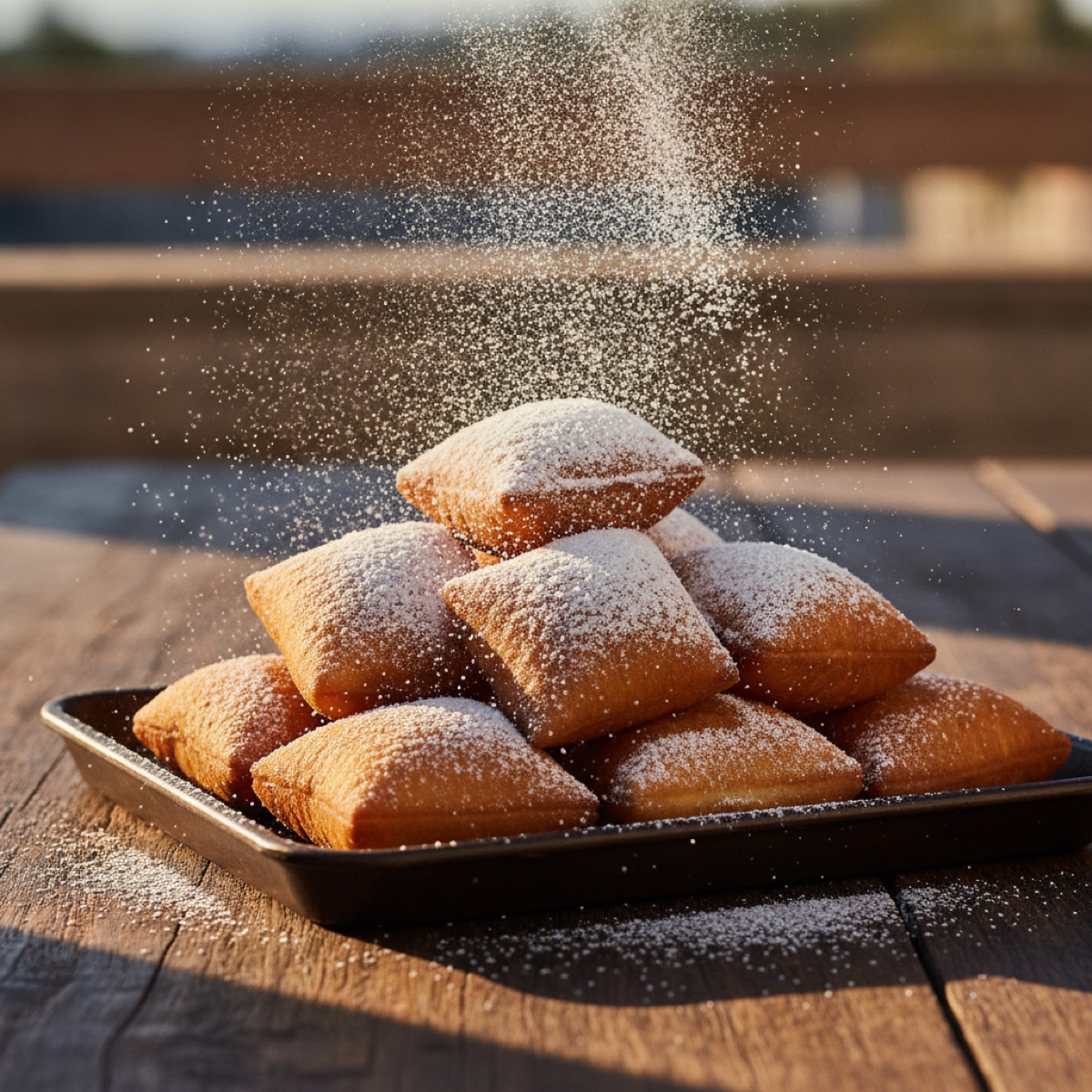 Powdered sugar snowing over a tray of square beignets