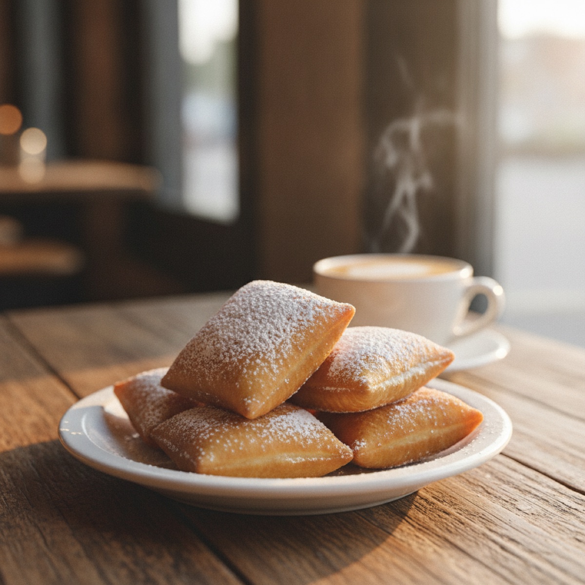 A plate of fresh beignets with coffee on a cafe table