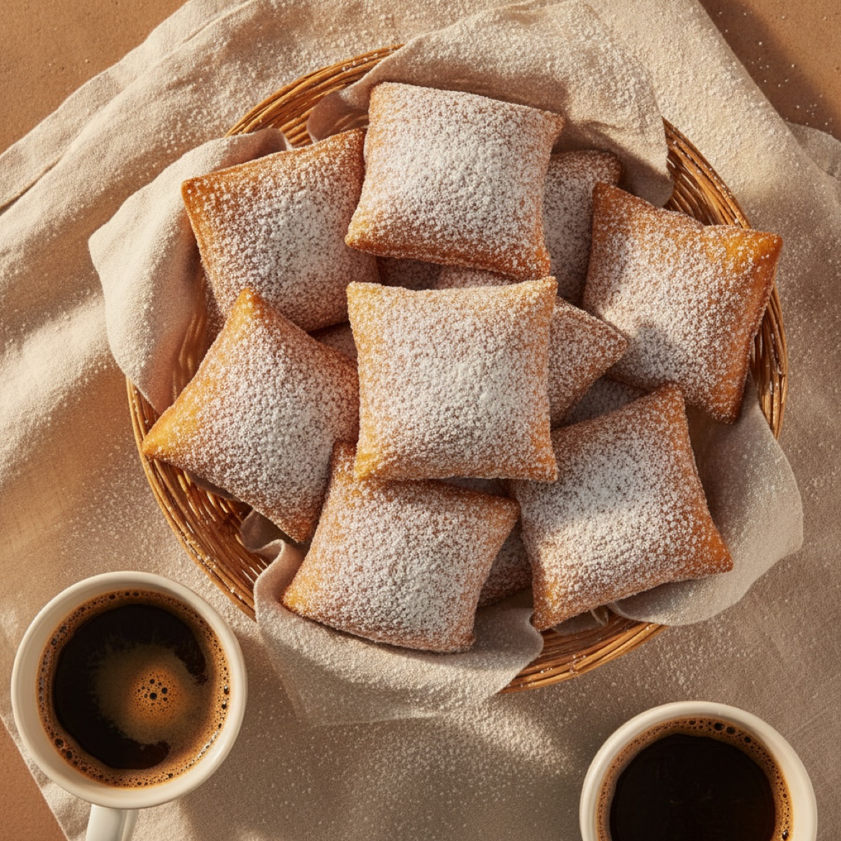 An overhead basket of beignets with two cups of coffee