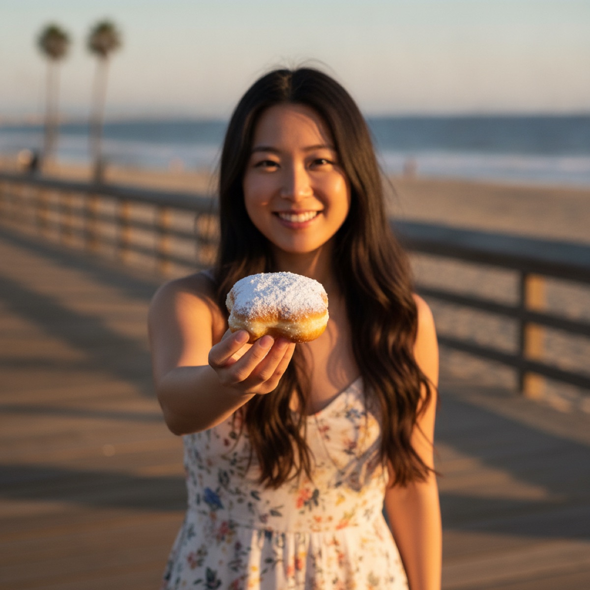 A guest holding out a beignet on a sunny beach boardwalk