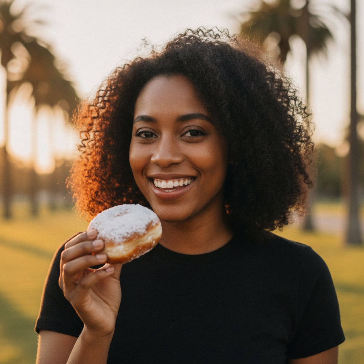 A guest with a beignet in a palm-lined park at sunset