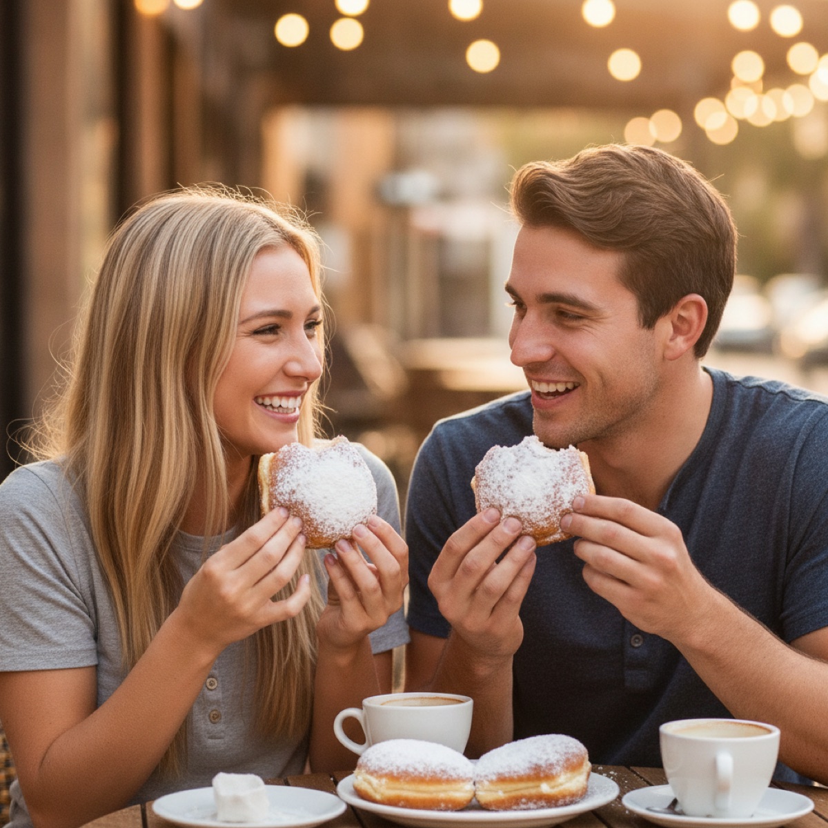 Two friends enjoying beignets together on a cafe patio